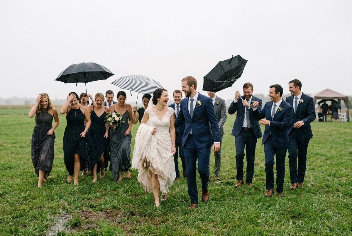 Ten seconds after the rain started. Every single person is laughing and not one of us is looking at the camera.
