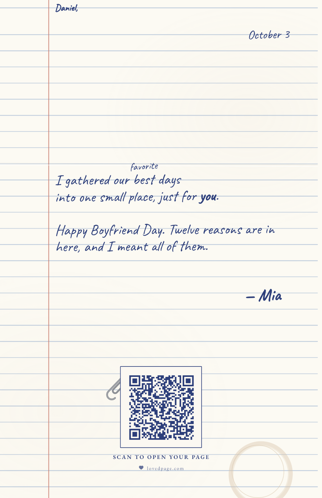 A Note Left on the Table: a page of ruled ledger paper in blue handwriting, a paperclip and a coffee ring, reading Happy Boyfriend Day, twelve reasons are in here, above the QR code
