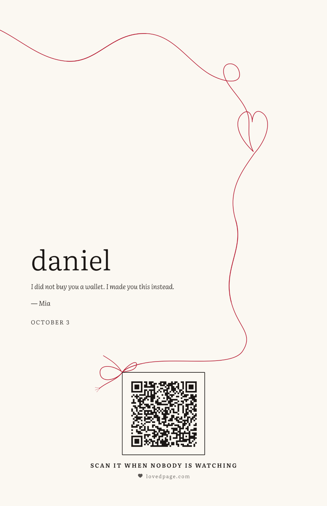 The Red Thread card: one red thread wandering down cream paper, looping into a heart and tying a bow around the QR code, above the line I did not buy you a wallet, I made you this instead