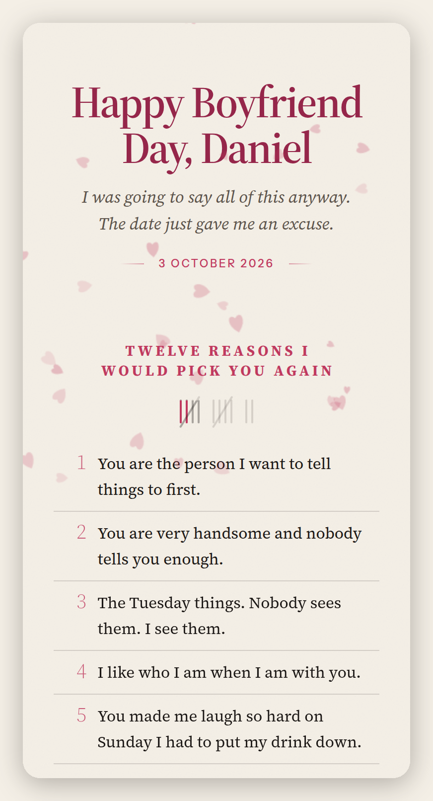 A LovedPage open on a phone, headed Happy Boyfriend Day Daniel above the date October 3 2026, then a numbered list titled Twelve reasons I would pick you again