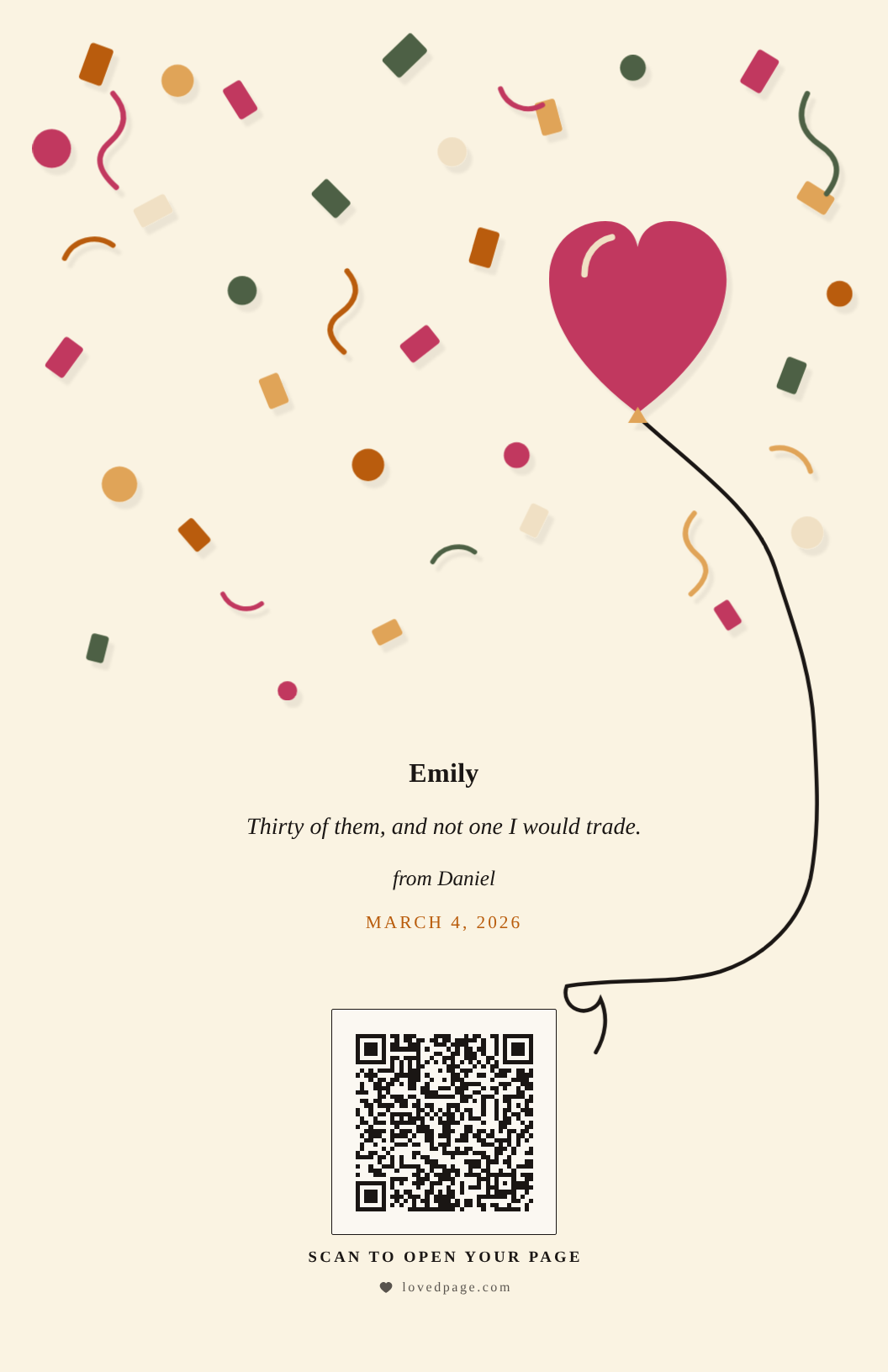 A birthday card in cut-paper confetti with a heart balloon on a long string, a name, and a QR code beneath it.