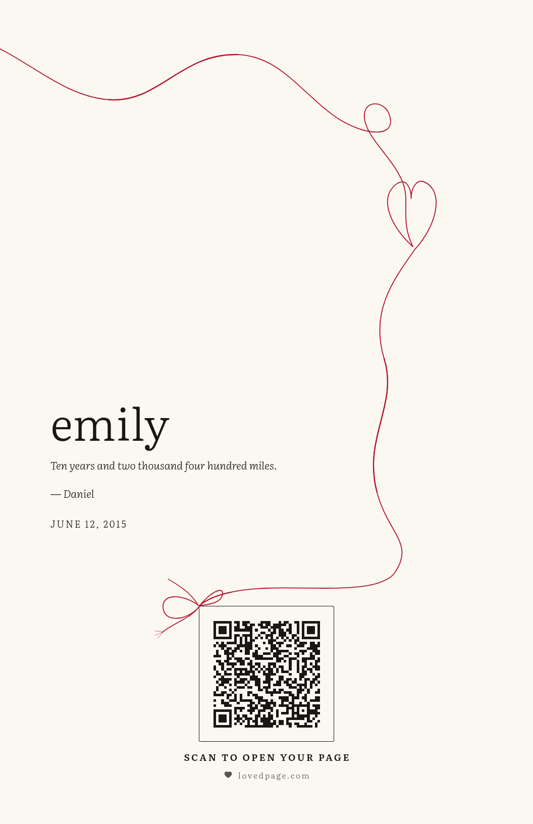 A card of warm paper crossed by a single red thread that ties a bow around a QR code.