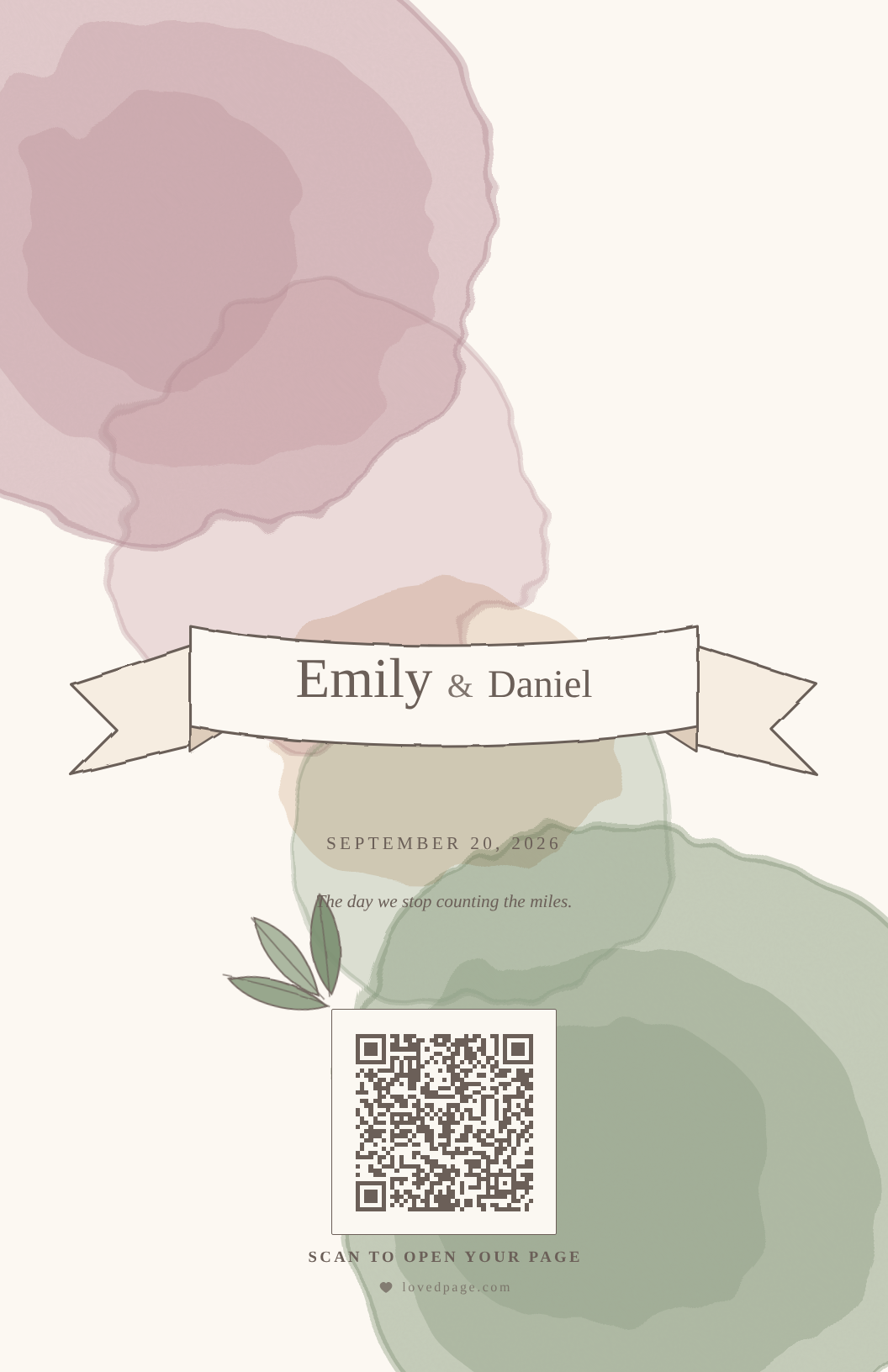 A wedding card in dusty rose and sage watercolour, a ribbon banner reading Emily & Daniel, and a QR code beneath it.