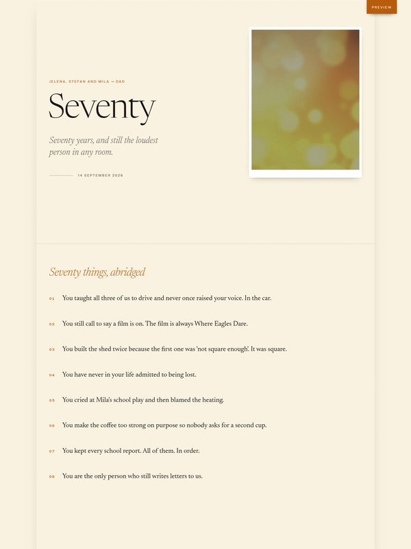 A birthday page: the word Seventy in a serif on cream paper, with a numbered list beneath.