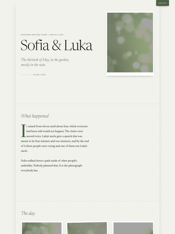 A wedding page: the names Sofia and Luka in a serif on pale sage paper.
